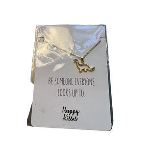 Happy Kisses Brontosaurus Necklace Dinosaur Gold Tone Everyone Looks Up NEW